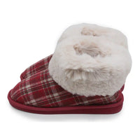 Red plaid slippers with cream furry ankle cuffs in a white studio environment.