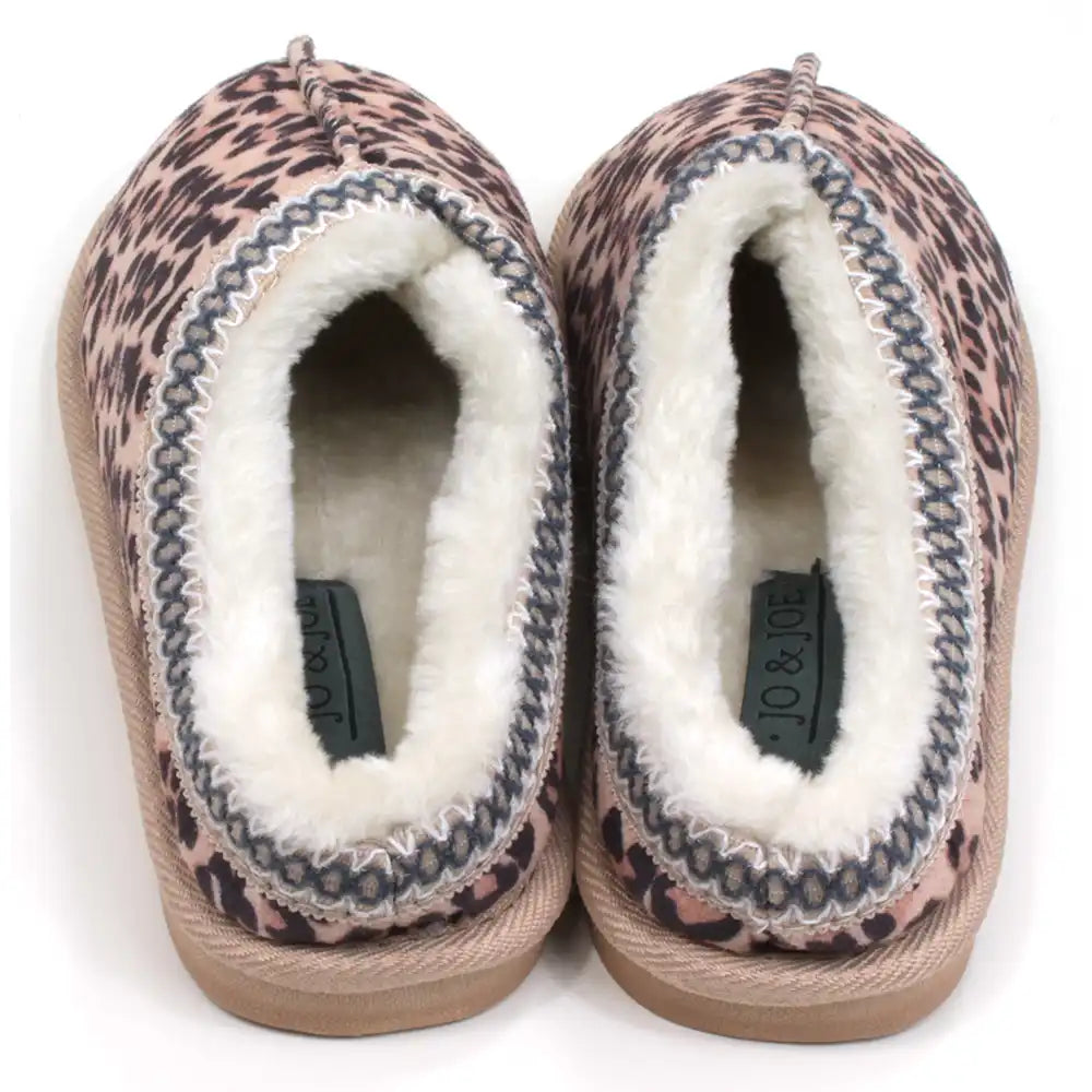 Jo and Joe Koala mule slippers in leopard pattern with stitched detail. Furry inside. Back view.