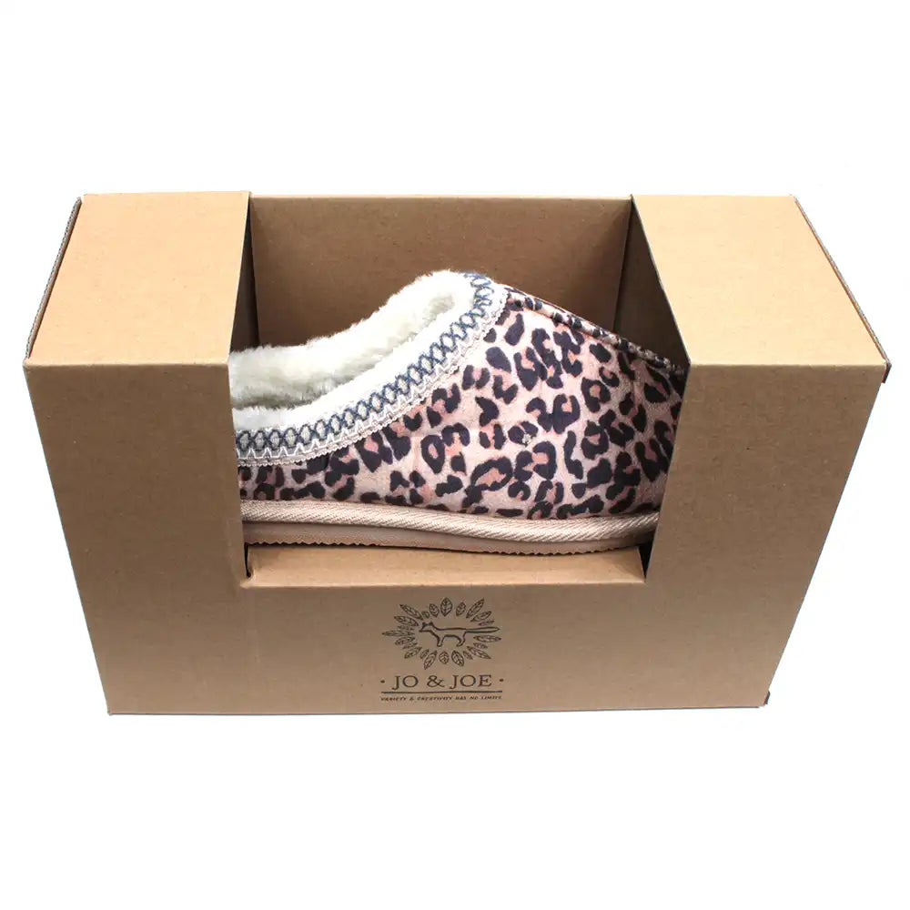 Jo and Joe Koala mule slippers in leopard pattern with stitched detail. Furry inside. In presentation box.