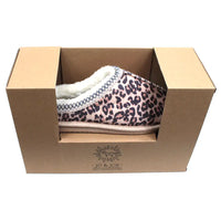 Jo and Joe Koala mule slippers in leopard pattern with stitched detail. Furry inside. In presentation box.