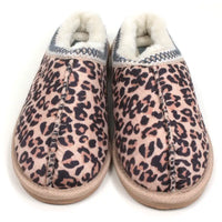 Jo and Joe Koala mule slippers in leopard pattern with stitched detail. Furry inside. Front view.