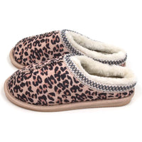 Jo and Joe Koala mule slippers in leopard pattern with stitched detail. Furry inside. Side view.