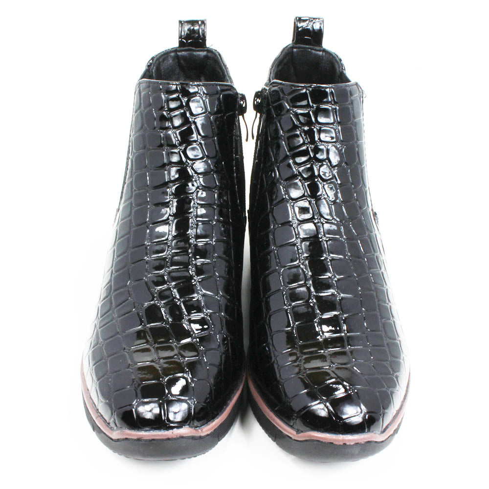 Jo and Joe black, mock croc, patent Chelsea style ankle boots with zip fitting and elasticated side panels. Front view.