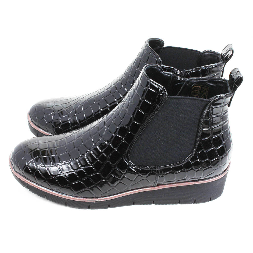 Jo and Joe black, mock croc, patent Chelsea style ankle boots with zip fitting and elasticated side panels. Side view.