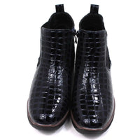 Mock croc navy blue Chelsea boots. Low heels. Front view.