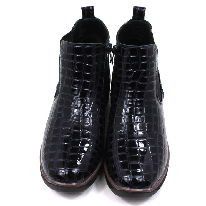 Mock croc navy blue Chelsea boots. Low heels. Front view.
