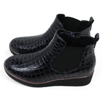 Mock croc navy blue Chelsea boots. Low heels. Side view.