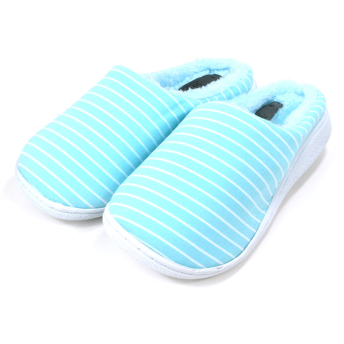 Joe and Joe Steffi mule slippers in light turquoise with white horizontal stripes. Furry inside. Angled view.