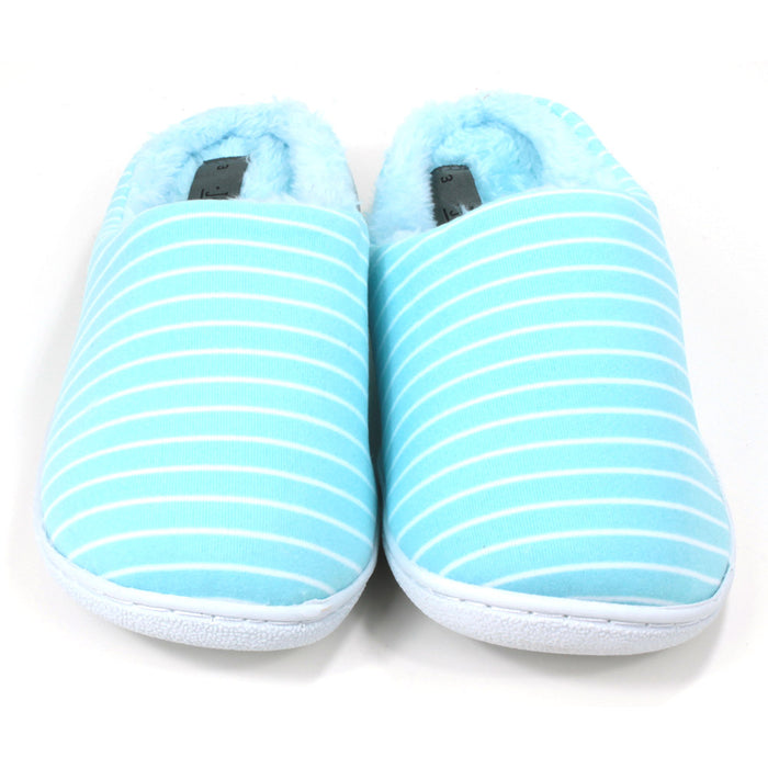 Joe and Joe Steffi mule slippers in light turquoise with white horizontal stripes. Furry inside. Front view.