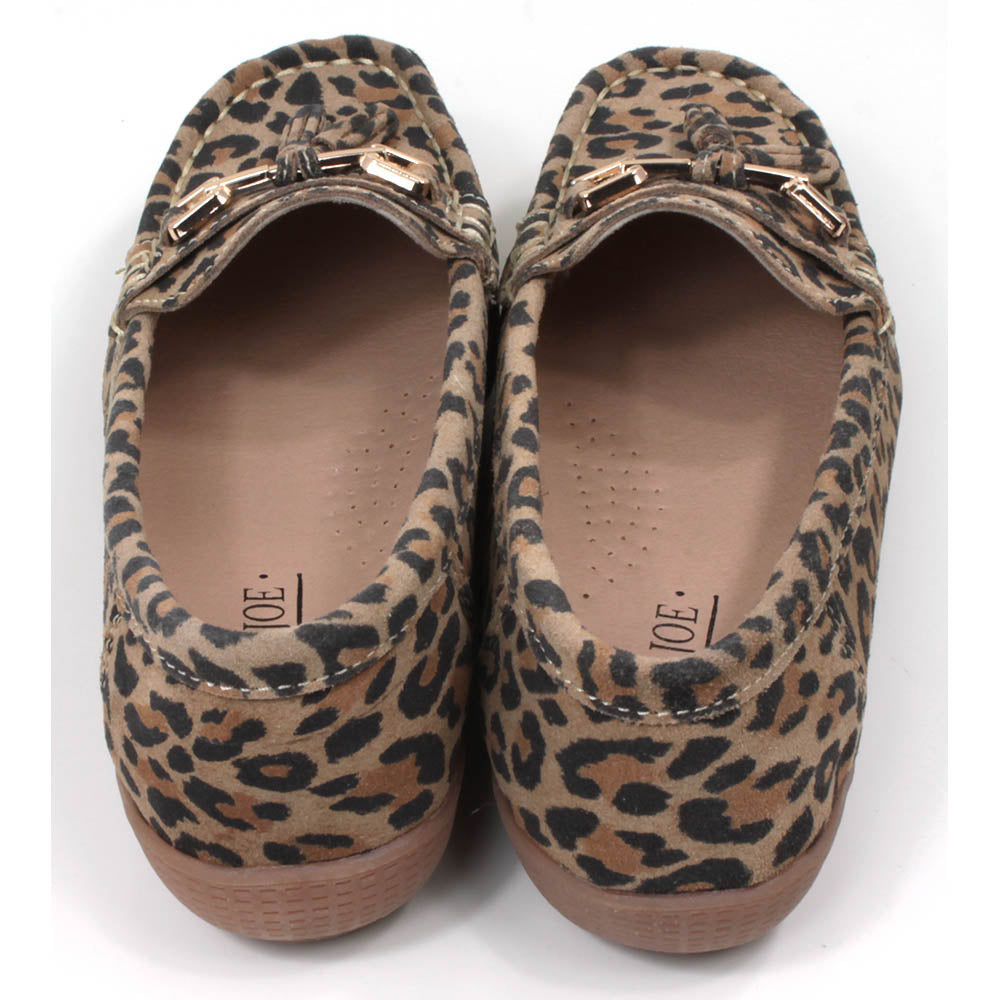 Jo and Joe Nautical mocassin style slip on shoes. Leopard animal print design. Gold bar and tassels details on foot. Back view