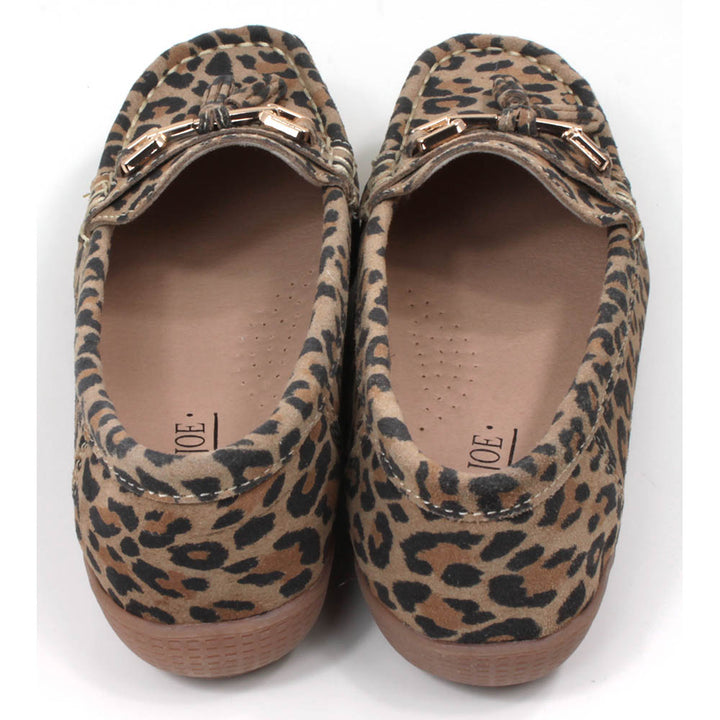Jo and Joe Nautical mocassin style slip on shoes. Leopard animal print design. Gold bar and tassels details on foot. Back view