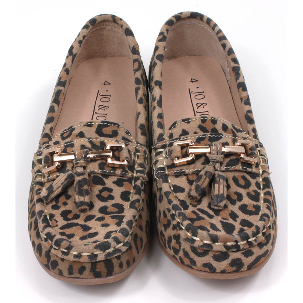 Jo and Joe Nautical mocassin style slip on shoes. Leopard animal print design. Gold bar and tassels details on foot. Front view