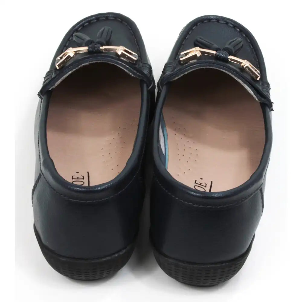Pair of navy blue loafers with gold accents. Back view.