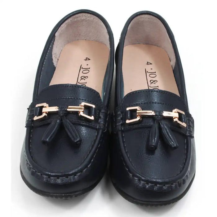 Pair of navy blue loafers with gold accents. Front view.