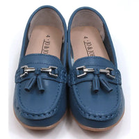 Joe and Jo moccasin style slip on, leather shoes in china blue colour. Over the foot metallic gold coloured  detail and two matching tassels. Beige rubber soles. Front view.