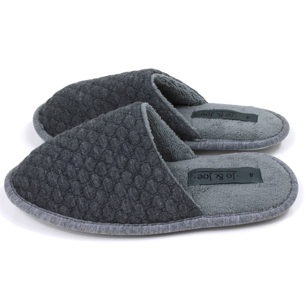 Grey mule slippers with sculpted waffle fabric. Lighter grey footbed and fabric around the soles. Side view. 