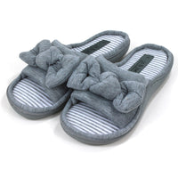 Jo and Joe Serenity open toed grey slippers with striped inner footbed. Fabric bow details. Angled view.