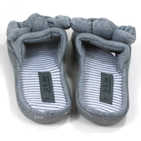 Jo and Joe Serenity open toed grey slippers with striped inner footbed. Fabric bow details. Back view.