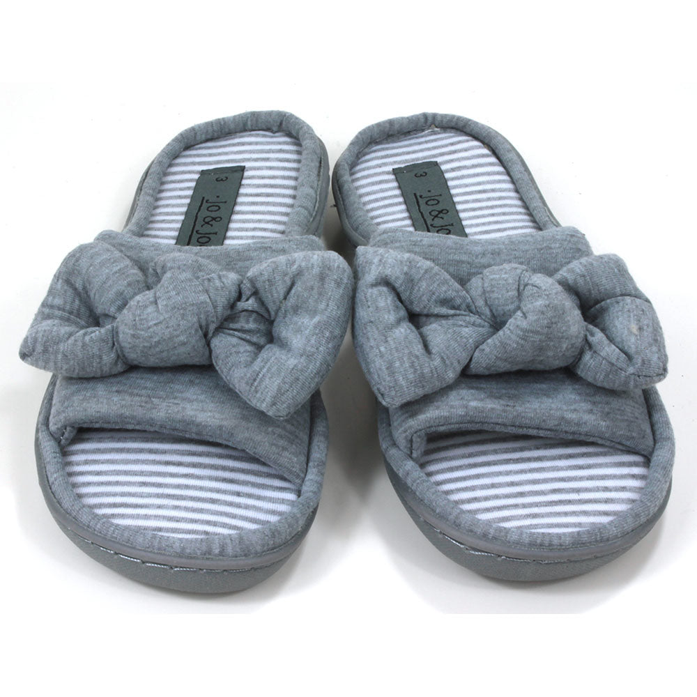 Jo and Joe Serenity open toed grey slippers with striped inner footbed. Fabric bow details. Front view.