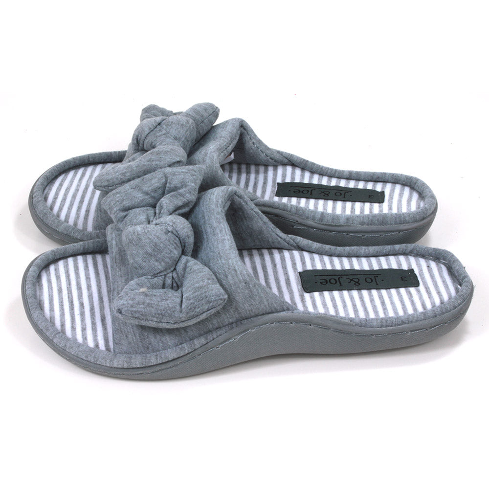 Jo and Joe Serenity open toed grey slippers with striped inner footbed. Fabric bow details. Side view.