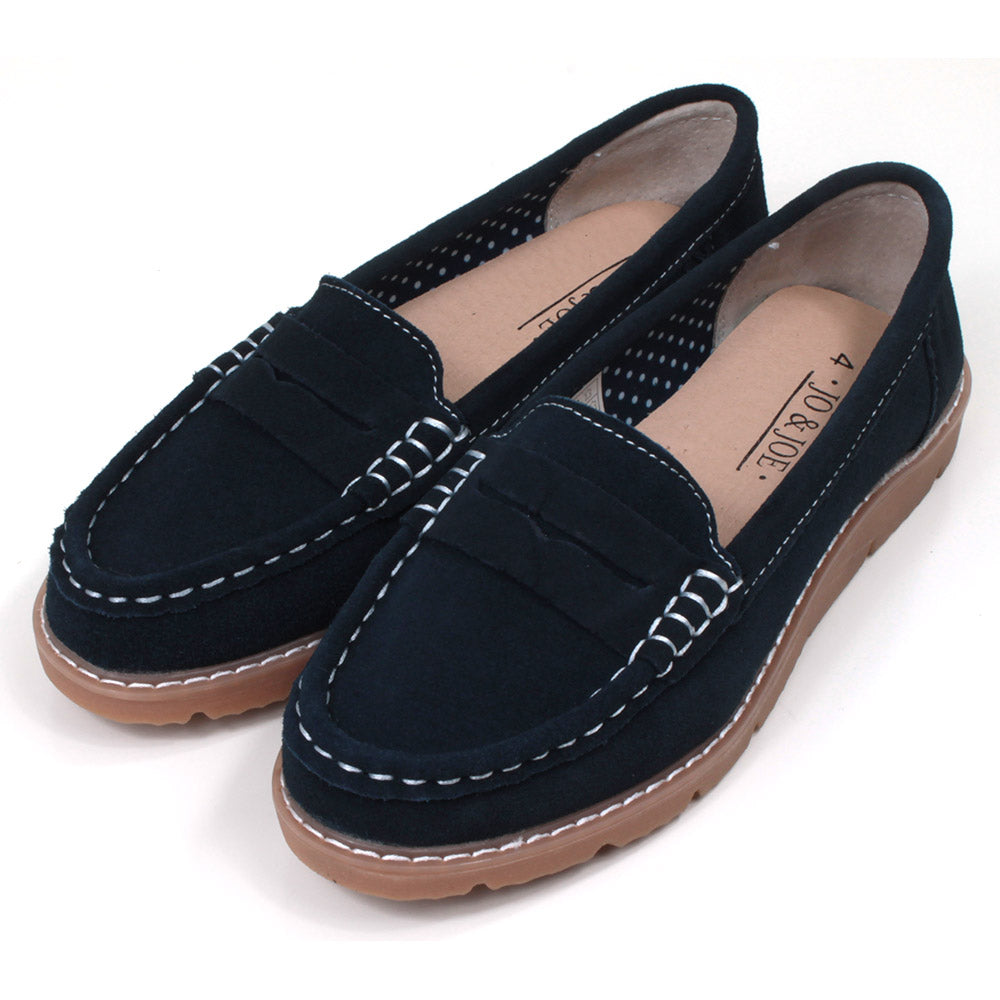 Jo and Joe navy suede slip on moccasin shoes. Angled view
