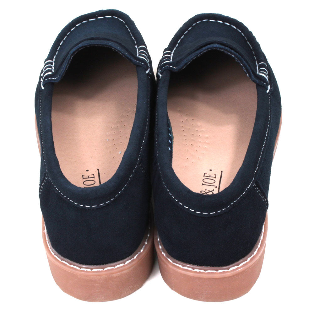 Jo and Joe navy suede slip on moccasin shoes. Back view