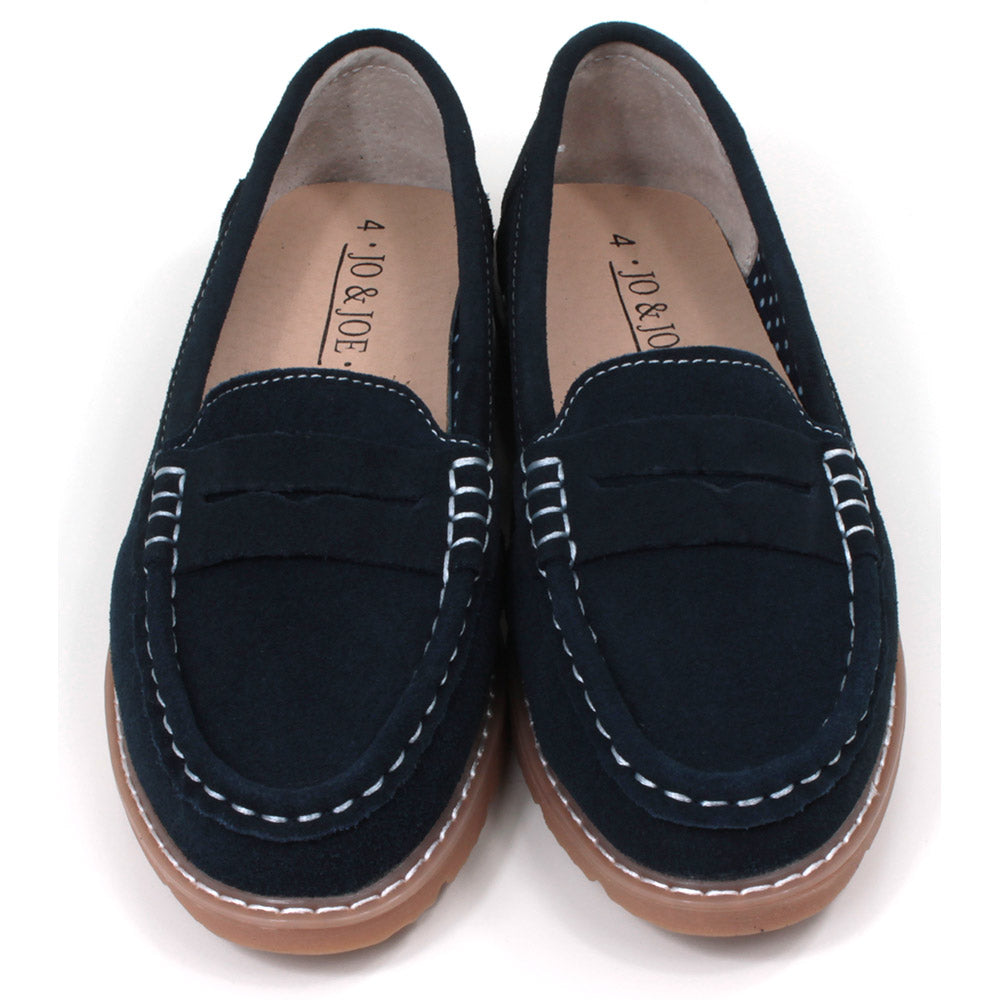Jo and Joe navy suede slip on moccasin shoes. Front view