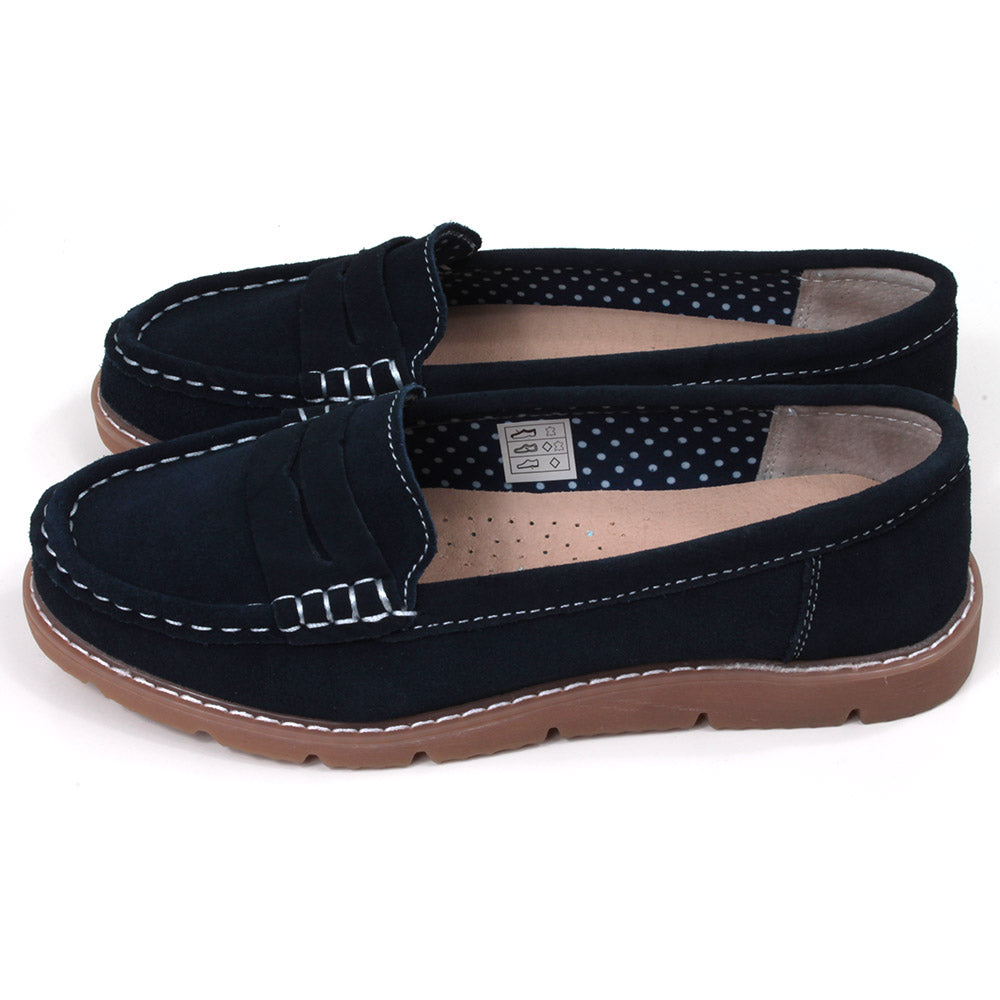 Jo and Joe navy suede slip on moccasin shoes. Side view