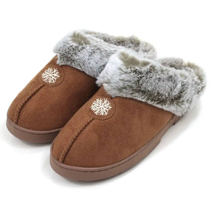 Brown slippers with grey fur trim and snowflake designs on a white background