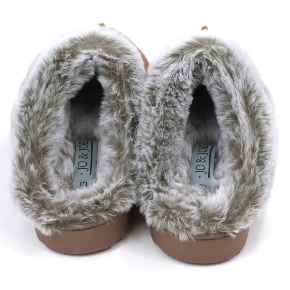 Pair of brown slippers with grey fur trim on a white background