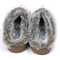 Pair of brown slippers with grey fur trim on a white background