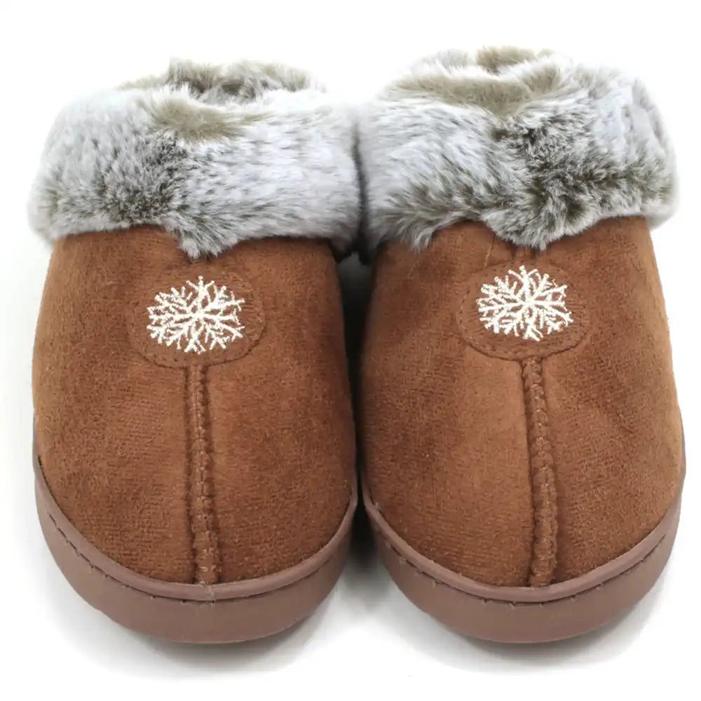 Brown slippers with grey fur trim and snowflake designs on a white background