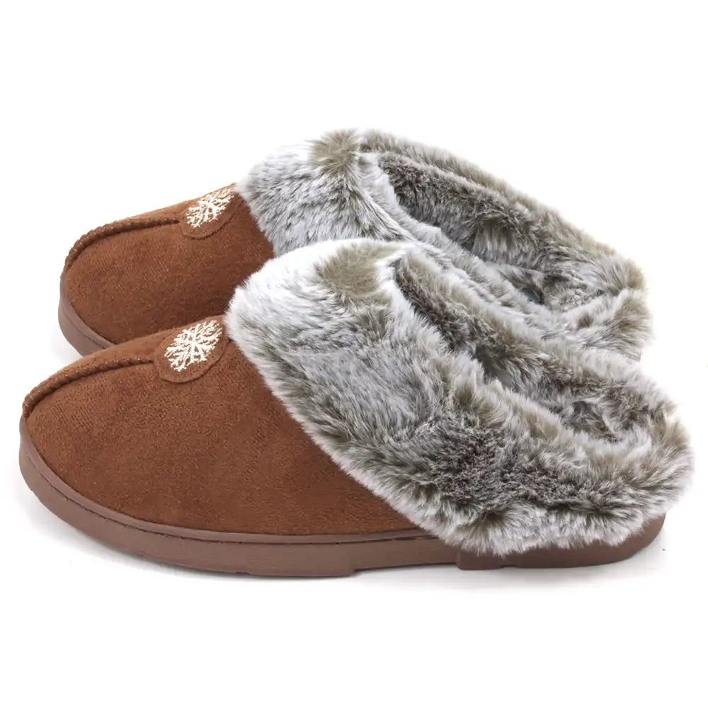 Brown slippers with grey fur trim and snowflake designs on a white background