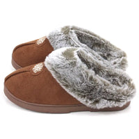 Brown slippers with grey fur trim and snowflake designs on a white background