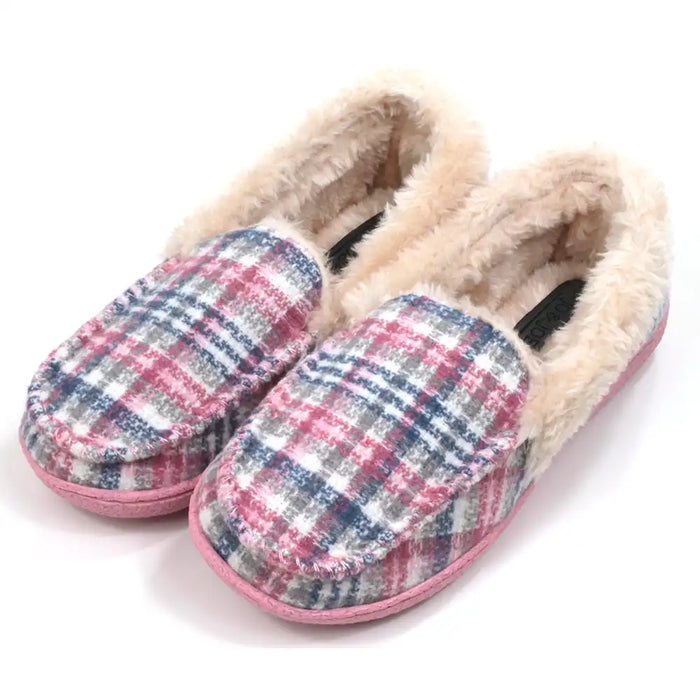 Pink and teal tartan slippers with beige/cream furry ankle cuffs. Pink rubber soles. Angled view.