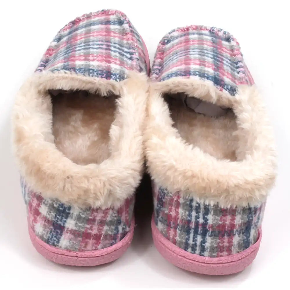 Pink and teal tartan slippers with beige/cream furry ankle cuffs. Pink rubber soles. Back view.