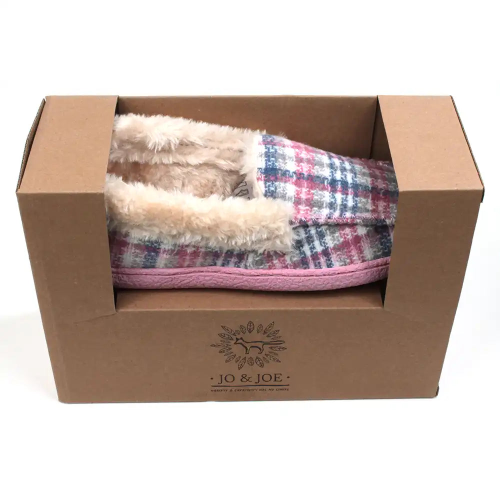 Pink and teal tartan slippers with beige/cream furry ankle cuffs. Pink rubber soles. Shown in presentation box.