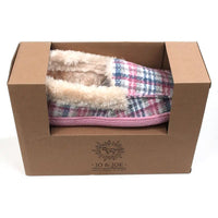 Pink and teal tartan slippers with beige/cream furry ankle cuffs. Pink rubber soles. Shown in presentation box.