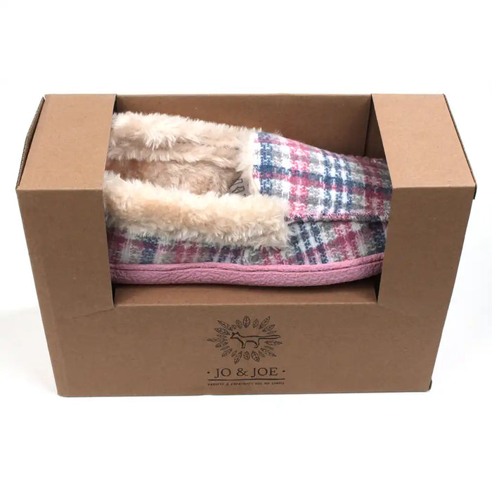 Pink and teal tartan slippers with beige/cream furry ankle cuffs. Pink rubber soles. Shown in presentation box.
