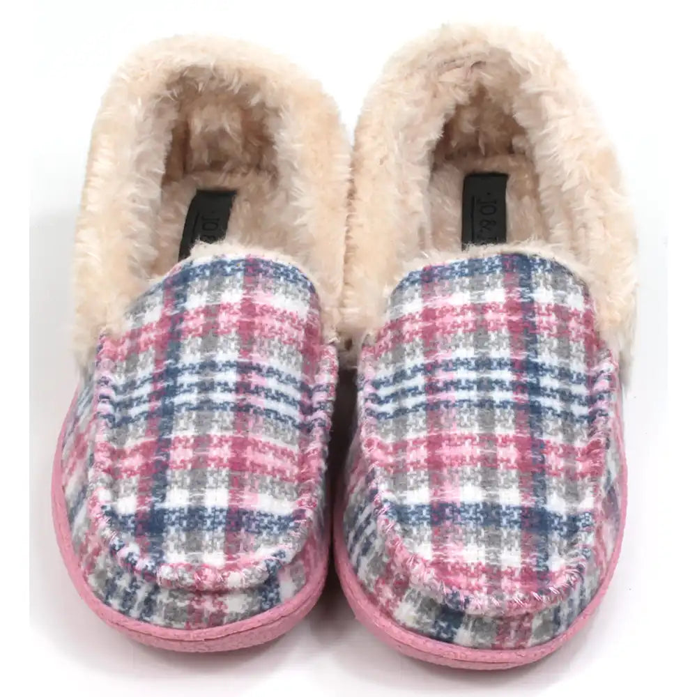 Pink and teal tartan slippers with beige/cream furry ankle cuffs. Pink rubber soles. Front view.
