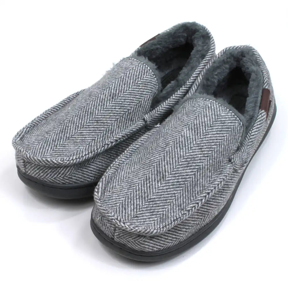 Jo and Joe men's herringbone full slippers in grey. Furry inside. Angled view.