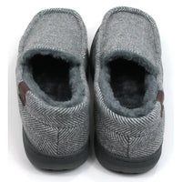 Jo and Joe men's herringbone full slippers in grey. Furry inside. Back view.