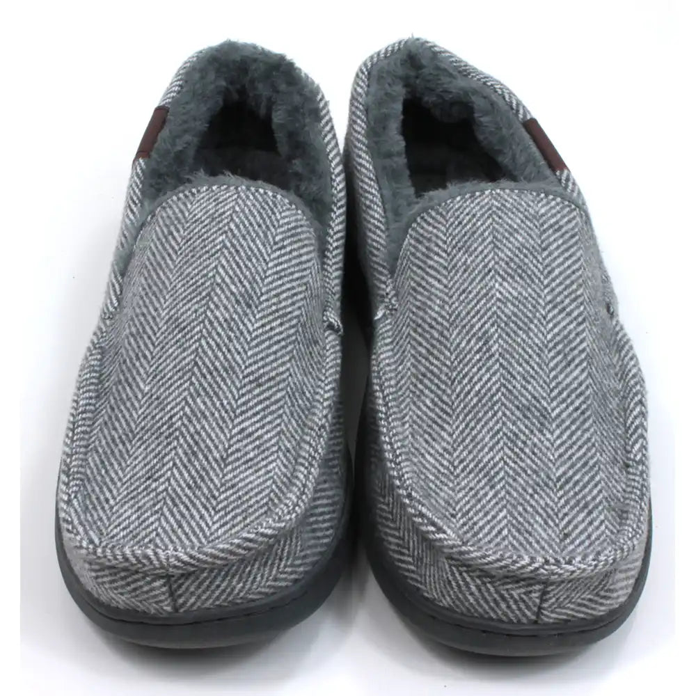 Jo and Joe men's herringbone full slippers in grey. Furry inside. Front view.