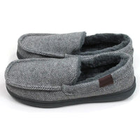 Jo and Joe men's herringbone full slippers in grey. Furry inside. Side view.