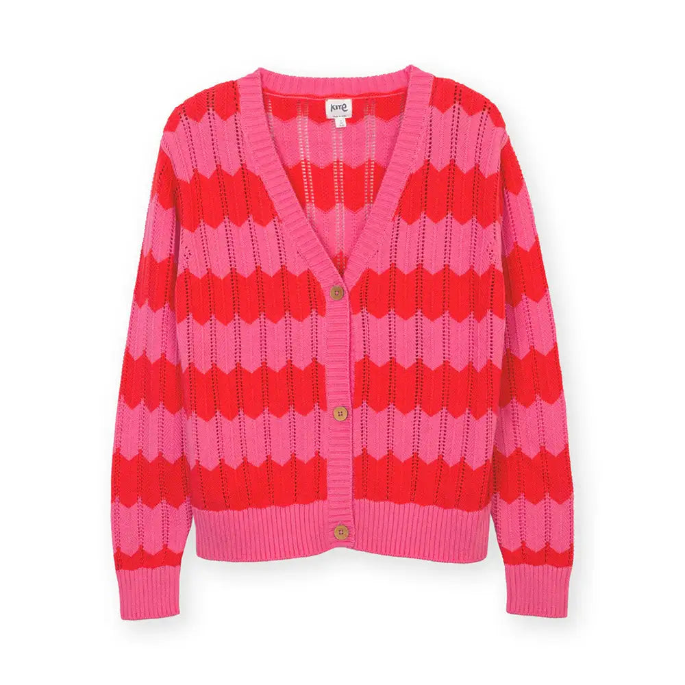 Pink and red zig zag striped cardigan with a horizontal cut out feature. Long sleeves and front buttoning. 