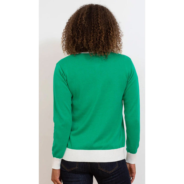 Kite grass green cardigan with white neckline, around the waist and cuffs. Back view.