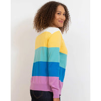 Kite cardigan. Wide stripes in violet, blue, jade, yellow and white. Seven buttons fastening. Back view.