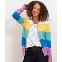 Kite cardigan. Wide stripes in violet, blue, jade, yellow and white. Seven buttons fastening. Front view.