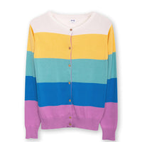 Kite cardigan. Wide stripes in violet, blue, jade, yellow and white. Seven buttons fastening. Flat view.