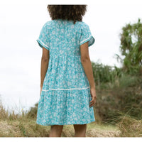 Back of a pale blue dress with a floral paisley print in white. Short sleeves